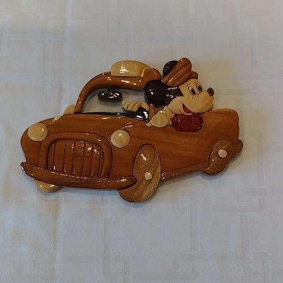 Wood Intarsia Mickey Mouse Driving a Car - Picture 1 of 4